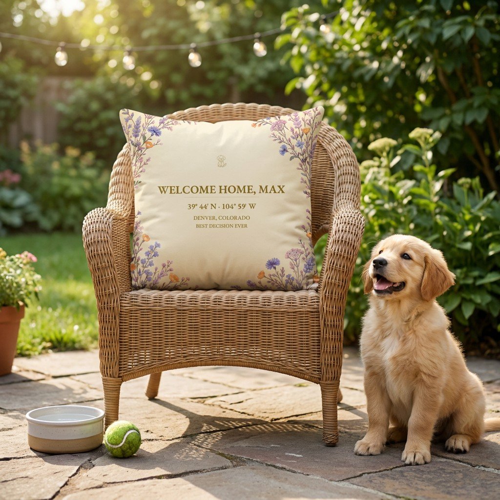 Welcome Home Max coordinate pillow with a golden retriever puppy on a sunny patio