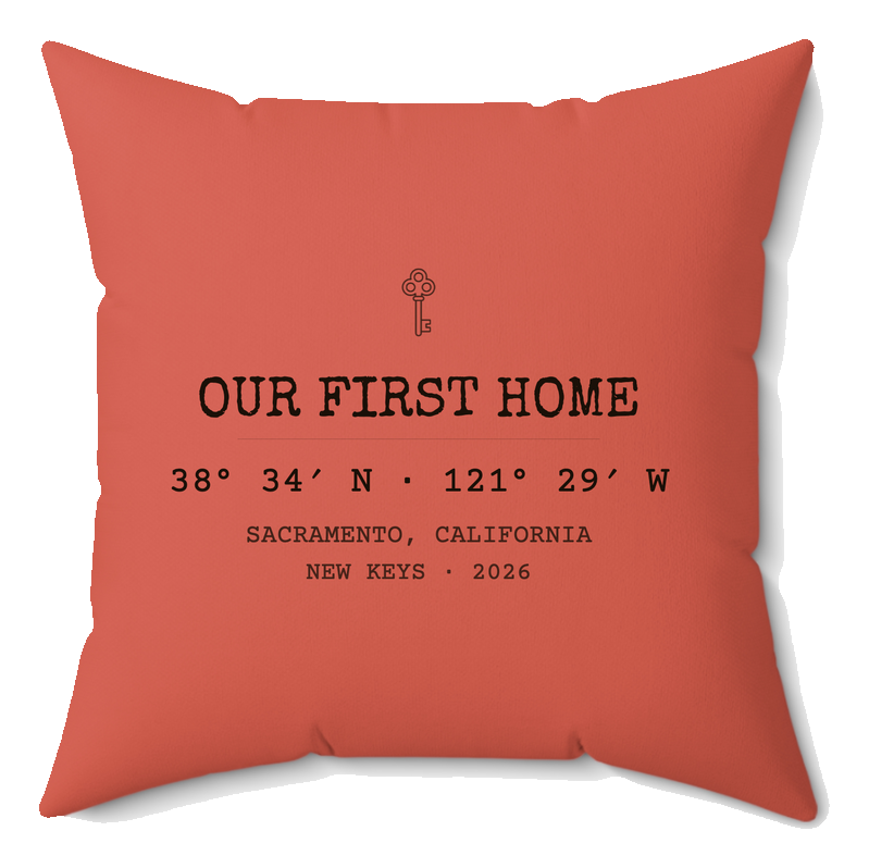 Our First Home coordinates pillow, coral rose
