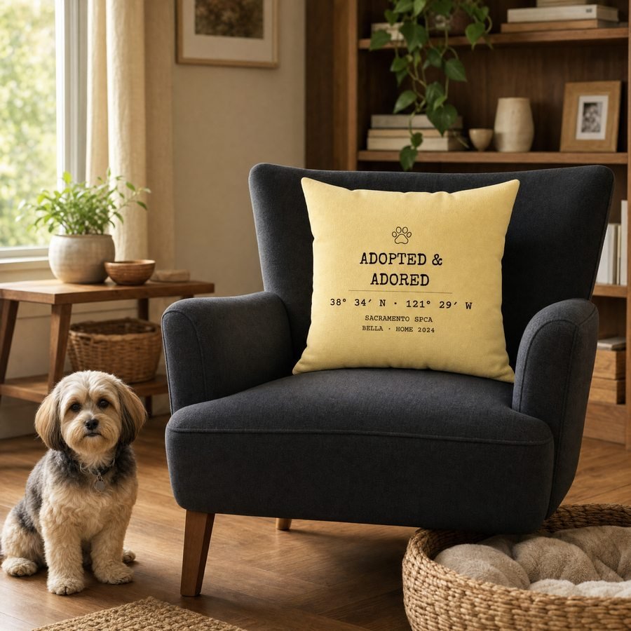 Adopted & Adored pillow in a cozy living room