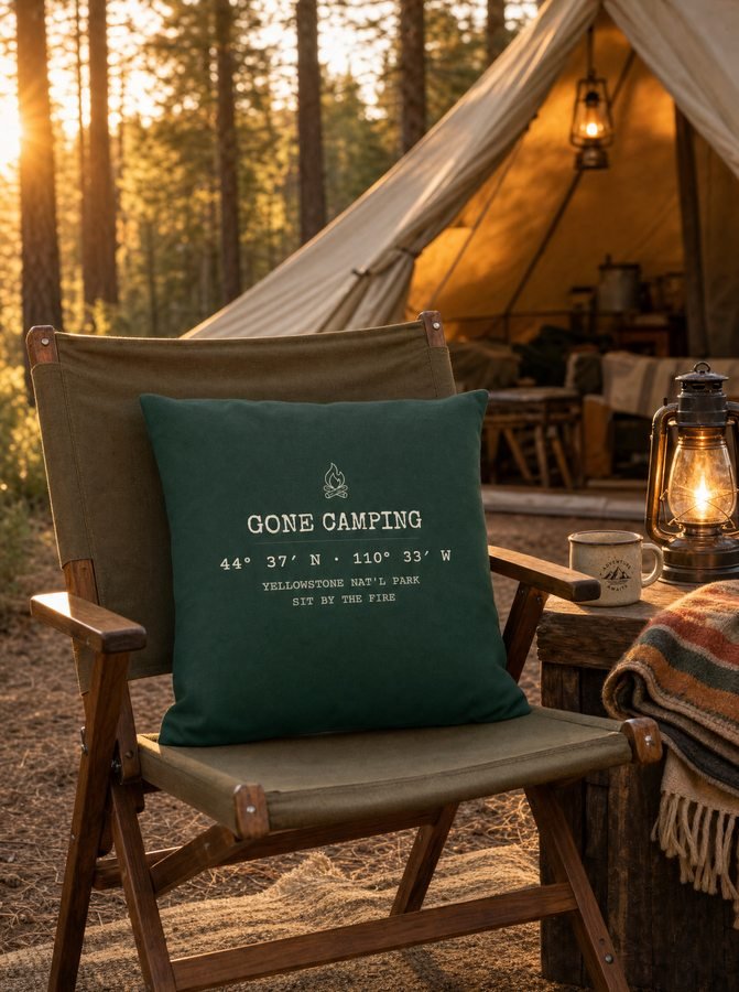 Gone Camping pillow beside a glowing tent at sunset