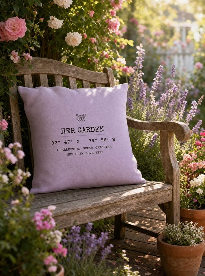 Her Garden pillow on a garden bench surrounded by flowers