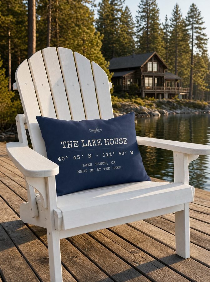 The Lake House pillow on an Adirondack chair on the dock