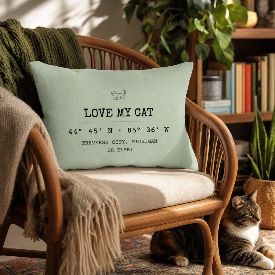 Love My Cat pillow on a rattan chair with a cat nearby