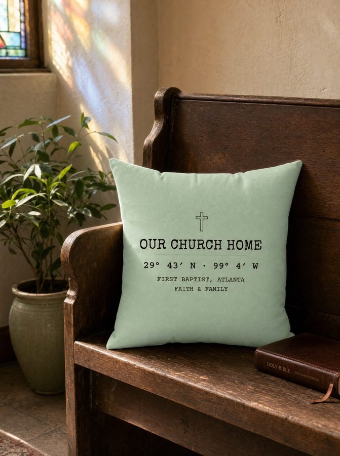 Our Church Home pillow on a church pew