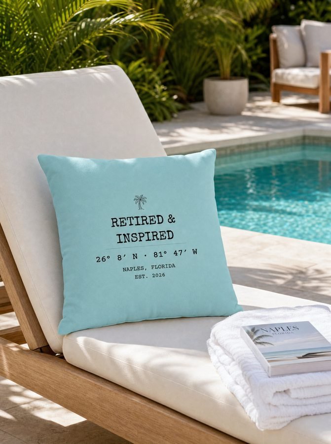 Retired & Inspired pillow on a poolside chaise lounge