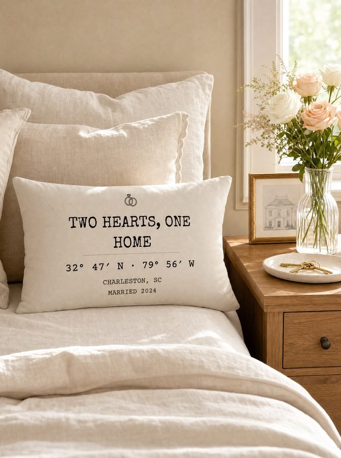 Two Hearts One Home pillow on a bed