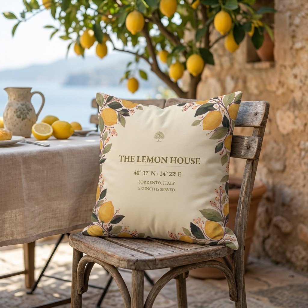 The Lemon House coordinate pillow on a bistro chair on a sunlit Sorrento terrace, lemon tree behind