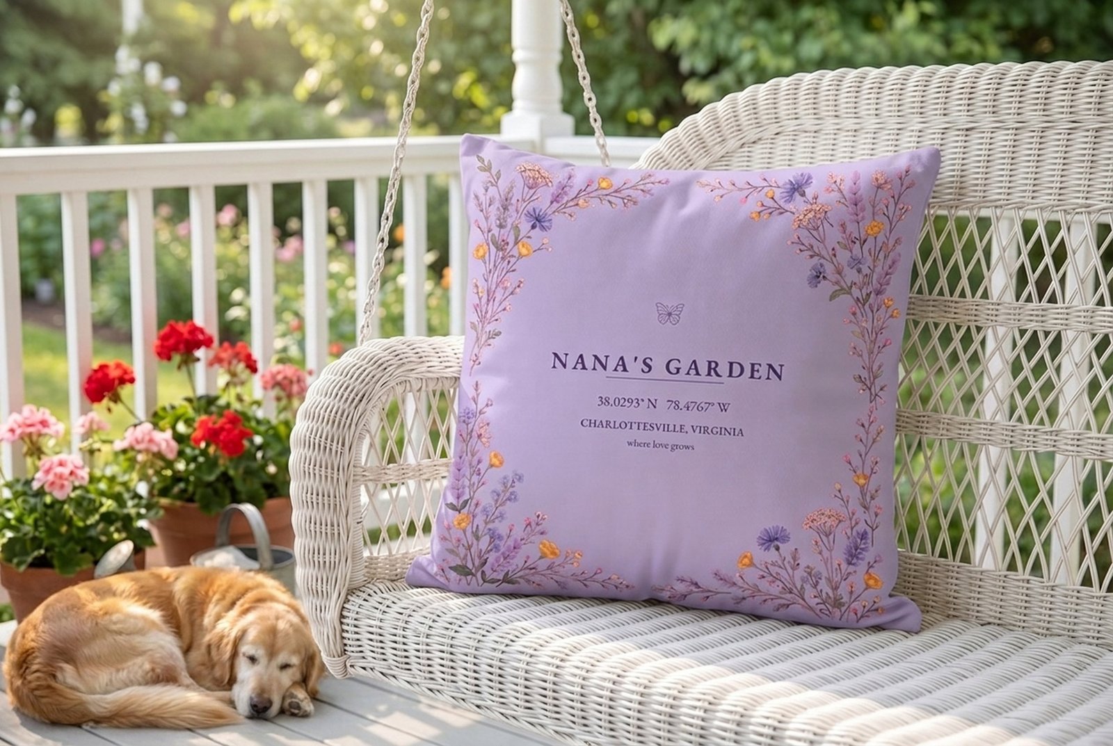 Nana's Garden pillow with a sleeping golden retriever