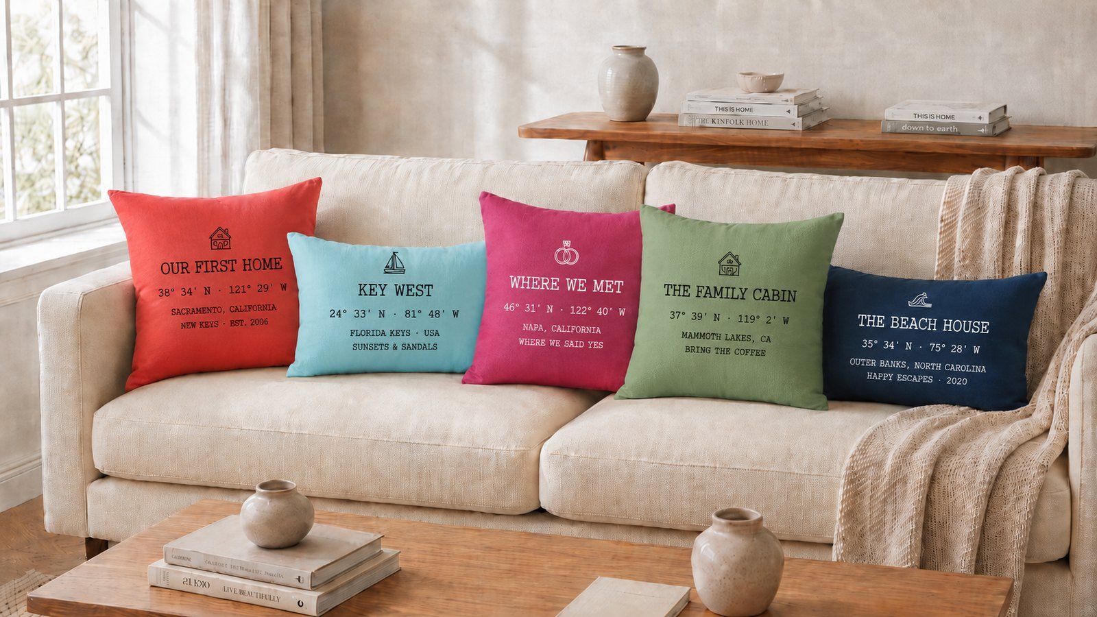 Five custom GPS coordinate pillows on a sofa: Our First Home, Key West, Where We Met, The Family Cabin, and The Beach House