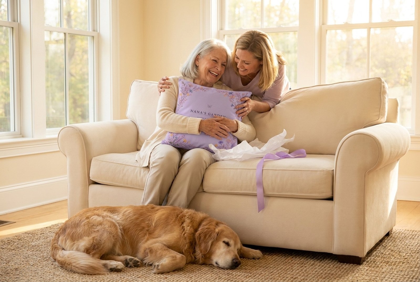 A grandmother hugs her new Nana's Garden coordinate pillow while her daughter embraces her, their golden retriever at their feet