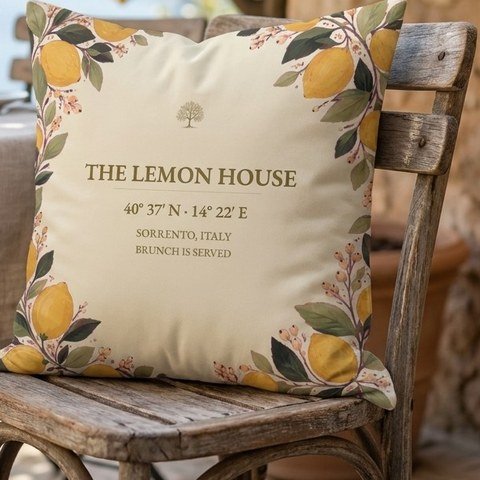 The Lemon House pillow on a Sorrento terrace